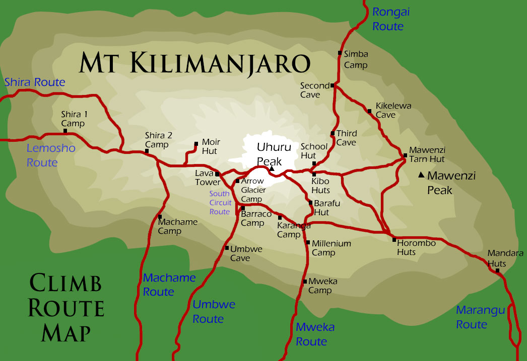 Mt Kilimanjaro map of climbing routes